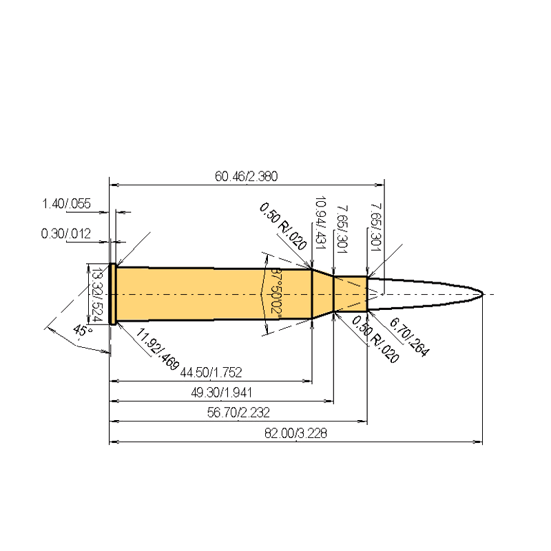 6.5 x 57 R tegniese tekening en laai data
