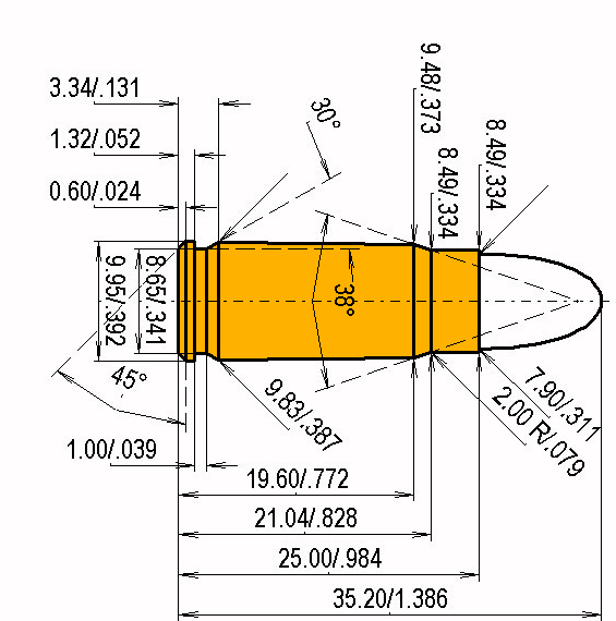7.62 x 25 Tokarev technische tekening en laadgegevens