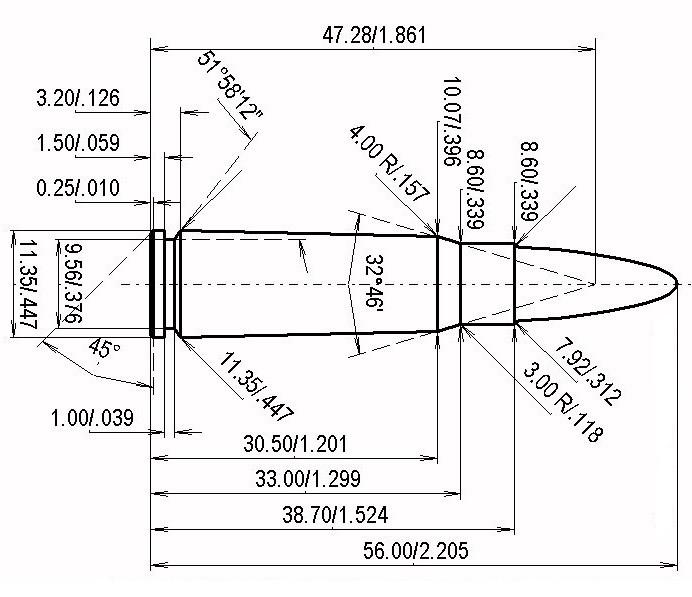 7.62 x 39 (M43) Russian dibujo técnico y datos de carga