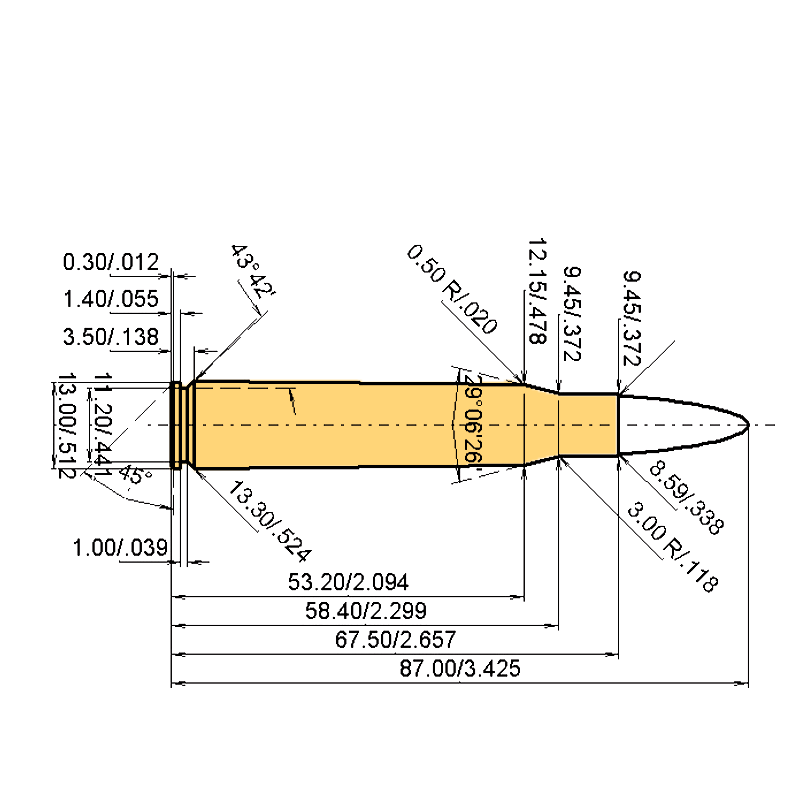 8.5 x 68 Fanzoj technical drawing and load data